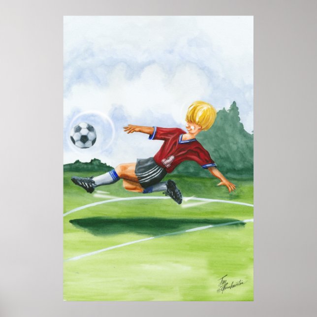 Fotbollsspelare Kicking a Boll av Jay Throckmorton Poster (Framsidan)