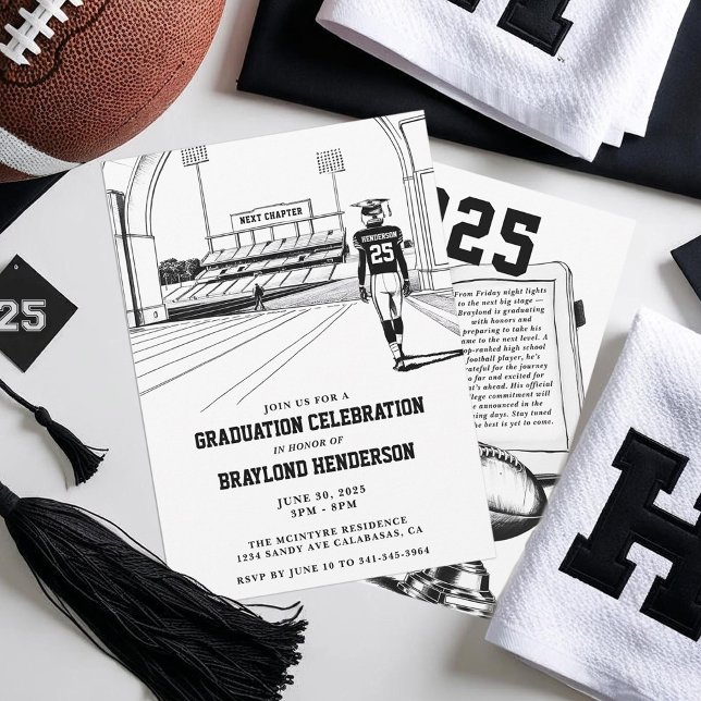 Fotbollsspelare som ska börja på college tar exame inbjudningar (Football Graduation Party Invitation. College Bound Football Player)
