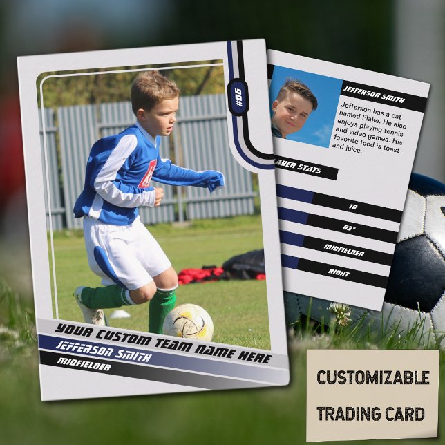 Fotbollsspelare Trading Card Ljusgrå Blå (Soccer Player Trading Card in Light Grey with Custom Team Name and Blue Black Elements)