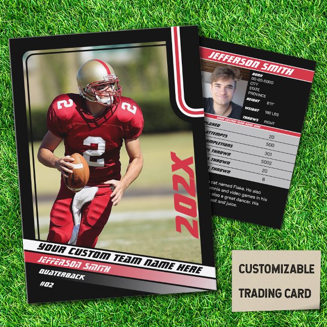 Fotbollsspelarens byteskort anpassad present i röt (American Football Player Trading Card in Black with Custom Team and Player Name with Red Stripes)
