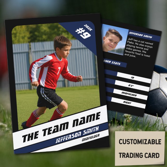 Fotbollsspelarens samlarkort i kraftfull blå-svart (Soccer Player Trading Card in Black with Custom Team Name and Vibrant Blue White Elements)