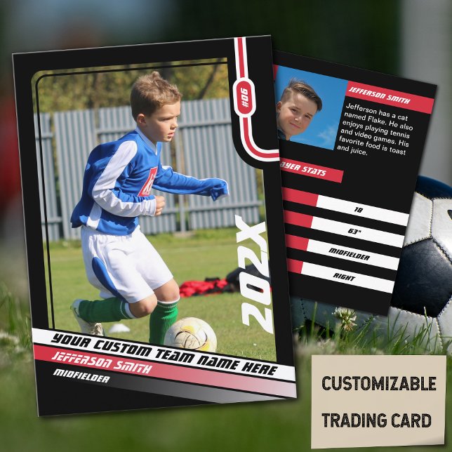 Fotbollsspelarens samlarkort i svart rött (Soccer Player Trading Card in Black with Custom Team Name and Red White Elements)