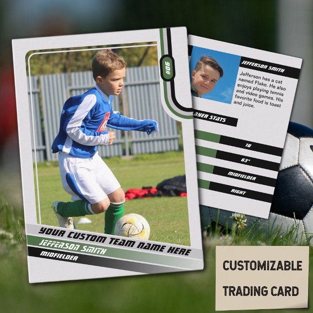 Fotbollsspelarens samlarkort Ljusgrön Grön (Soccer Player Trading Card in Light Grey with Custom Team Name and Green Black Elements)