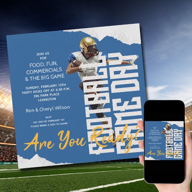 Fotbollsspelarens speldag blått inbjudningar (Order INSTANT DOWNLOAD to send digitally or PRINTED cards to mail or both!
)
