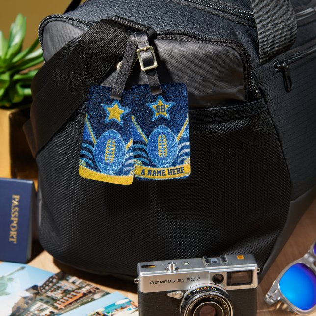 Fotbollsspelarteam i Blå och Gult Glitter Bagagebricka (Fram & Baksida)