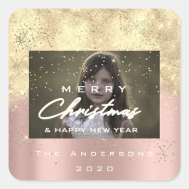 Fotfoto god jul Namn Guld Snö Glitter Ro Fyrkantigt Klistermärke