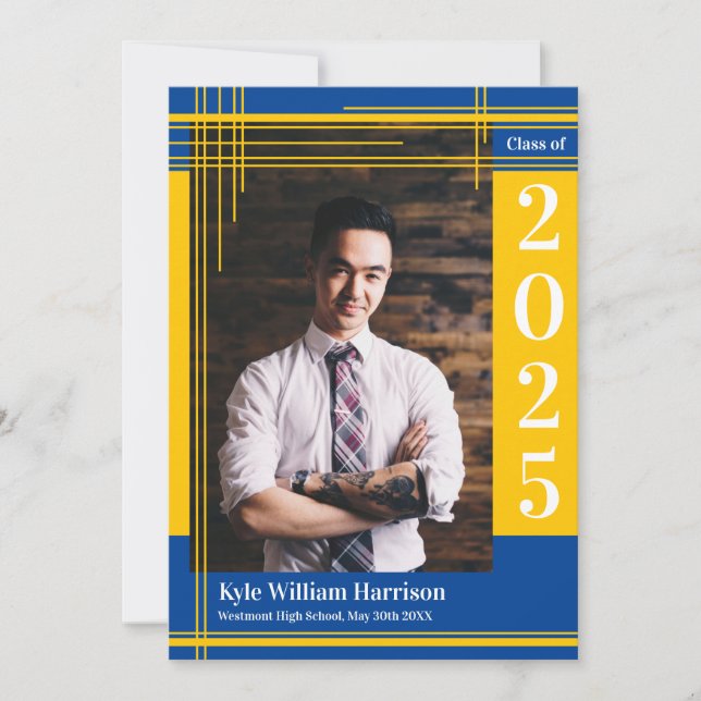 Fotfoto guld Blue School Färg Studenten Play Inbjudningar (Framsida)