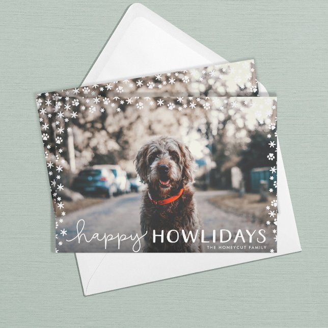 Fotkort för Djurälskarn Lycklig Howlidays Helgdag Julkort (Happy Holidays pet holiday card with snowflake and paw print border)