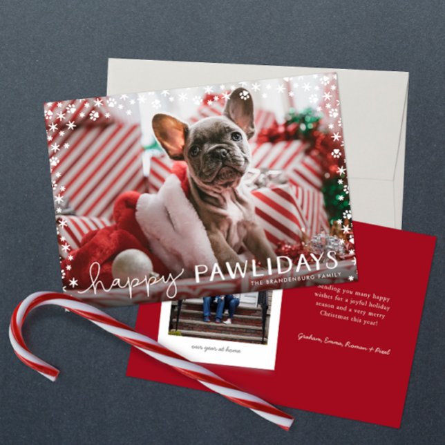 Fotkort för Djurälskarn Lycklig Pawlidays Helgdag Julkort (Happy Pawlidays snowflake paw two photo Christmas holiday card with red backer and personalized text)
