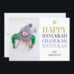 Fotkort för Helgdag lycklig Hanukah Chanukah Julkort<br><div class="desc">Faux-simulerad utformning av guld-folie ingår i denna konstruktion. Anpassa anpassningsbarna ovan. Du hittar ytterligare samordningsposter i vår "Lycklig Hanukkah Chanukah"-samling.</div>