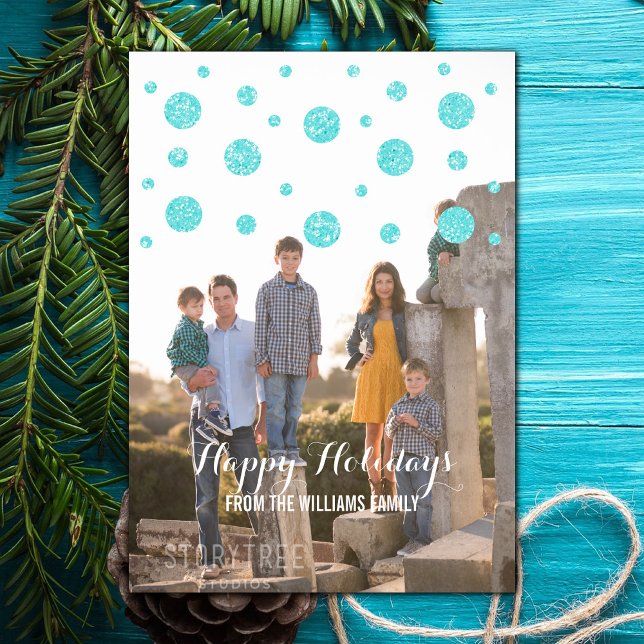 Fotkort för Turcos Glitter Confetti Helgdag Julkort (Turquoise Glitter Confetti Holiday Photo Card)