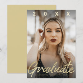 Fotkort för Ultra Modern Student Guld-penselskript Inbjudningar