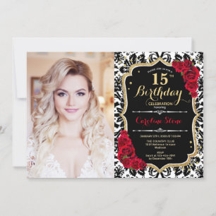 Foto 15:e Födelsedagsfesten Red Guld Black Damask Inbjudningar