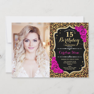 Foto 15:e Födelsedagsfesten Rosa Guld Leopard Skri Inbjudningar