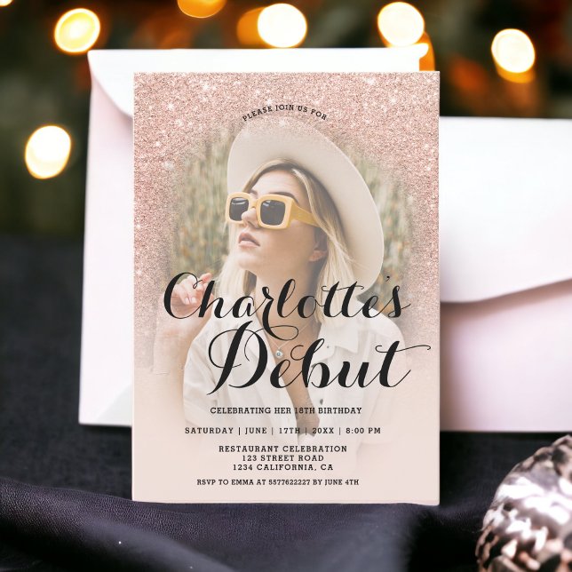 Foto 18:e debut, modern ro guld glitter i inbjudningar (Modern rose gold glitter ombre photo 18th debut invitation)