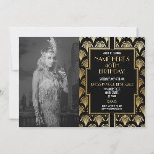 Foto 1920's Art Deco Birthday Gatsby Party Guld Inbjudningar