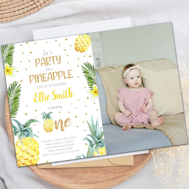 Foto 1:a födelsedag Ananas födelsedag Inbjudningar (Photo 1st Birthday Pineapple Birthday Invitations)