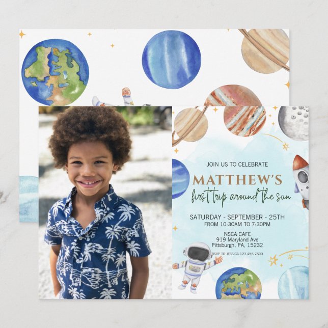 Foto 1:a födelsedagen Party första Resa runt Sol Inbjudningar (Fram/baksida)
