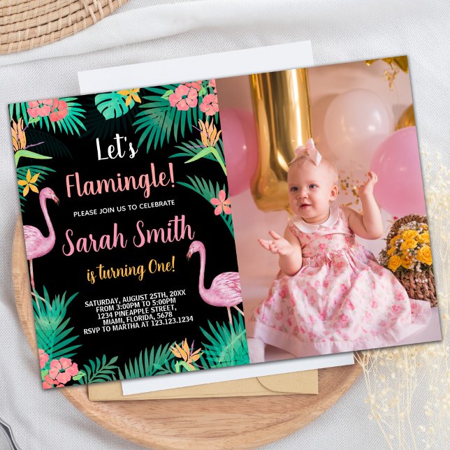Foto 1:a Rosan Flamingo Birthday-inbjudan Inbjudningar (Photo 1st Pink Flamingo Birthday Invitations)