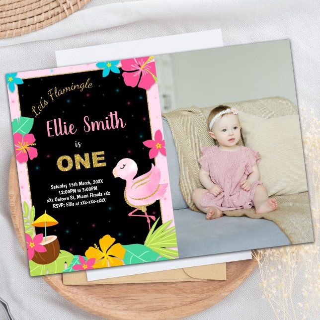 Foto 1:a Rosan Flamingo Birthday-inbjudan Inbjudningar (Photo 1st Pink Flamingo Birthday Invitations)