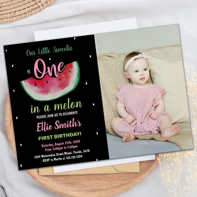 Foto 1:a Svart vattenmeloninbjudan på födelsedagen Inbjudningar (Photo 1st Black Watermelon Birthday Invitations)