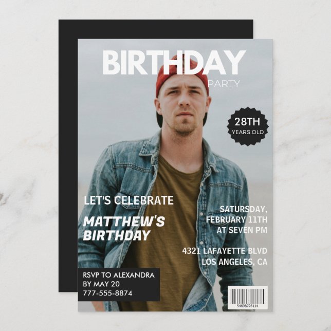 Foto - 28:e födelsedag - inbjudningar till honom M (Fram/baksida)