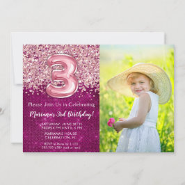 Foto 3-års födelsedagsinbjudan Magenta Rosa Glitte Inbjudningar