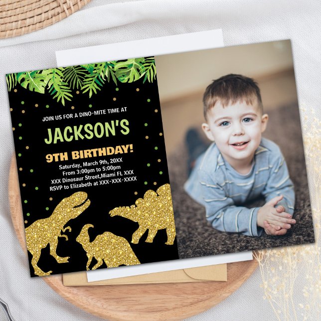 Foto 3 Dino Black Glitter Dinosaur Birthday Inbjudningar (Photo 3 Dino Black Glitter Dinosaur Birthday Invitation)