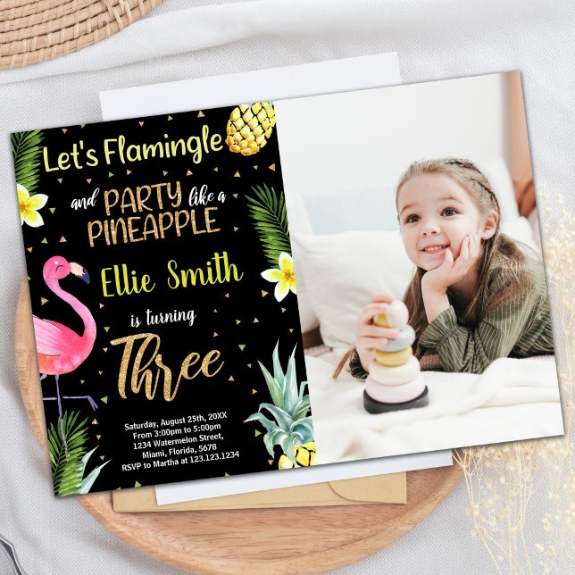 Foto 3:e Black Glitter Flamingo Pineapple Inbjudningar (Photo 3rd Black Glitter Flamingo Pineapple Invitation)