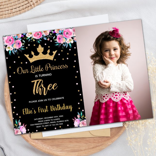 Foto 3:e Blommigten Krona Glitter Princess Birthda Inbjudningar (Photo 3rd Floral Crown Glitter Princess Birthday Invitation)