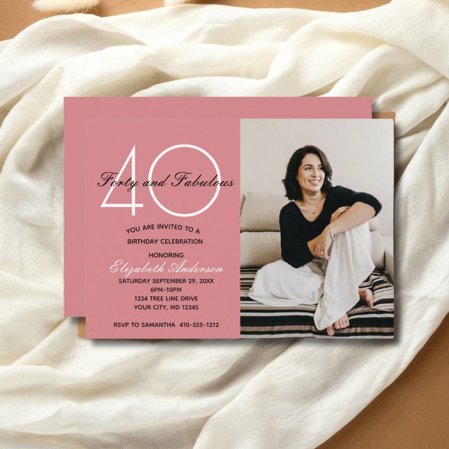 Foto 40 och Fabulous Rosa Birthday-inbjudan Inbjudningar (Photo Pink 40th birthday invitation for her. Printed or Digital Download)