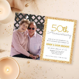 Foto 50-års bröllopsjubileum Falskt guld glitter Inbjudningar