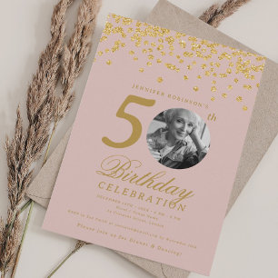 Foto 50:e födelsedag Guld Konfetti Rosa Inbjudningar