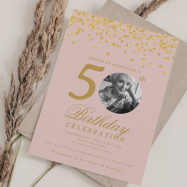 Foto 50:e födelsedag Guld Konfetti  Rosa Inbjudningar (Photo 50th Birthday Gold Confetti Blush Pink Invitation)