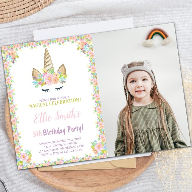 Foto 5:e födelsedagsinbjudan till Unicorn Inbjudningar (Photo 5th Birthday Unicorn Invitations)