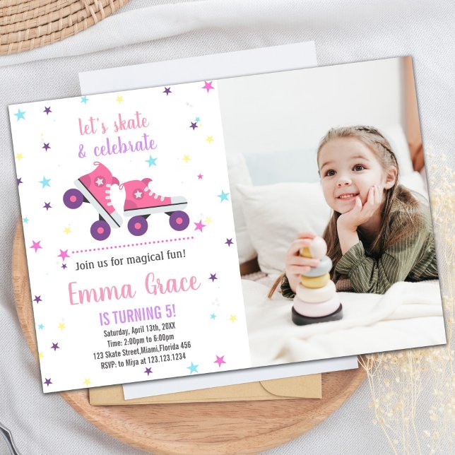 Foto 5:e Rosa Lila Skating Birthday-inbjudan Inbjudningar (Photo 5th Pink Purple Skating Birthday Invitations)