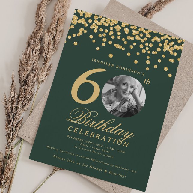 Foto 60:e födelsedag Guld Glitter Konfetti Grönt Inbjudningar (Photo 60th Birthday Gold Glitter Confetti Green Invitation)