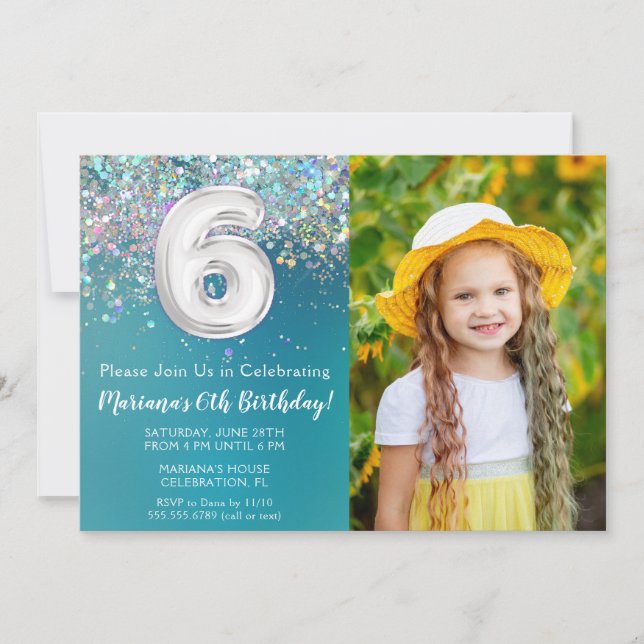Foto 6-års födelsedagsfirande i teal silverglitter inbjudningar (Framsida)