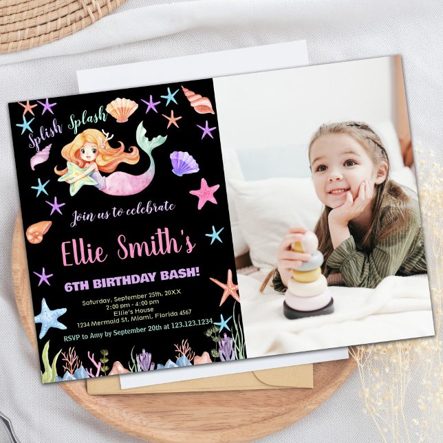 Foto 6e Rosa under havets Sjöjungfru födelsedag Inbjudningar (Photo 6th Pink Under the sea Mermaid Birthday Invitation)