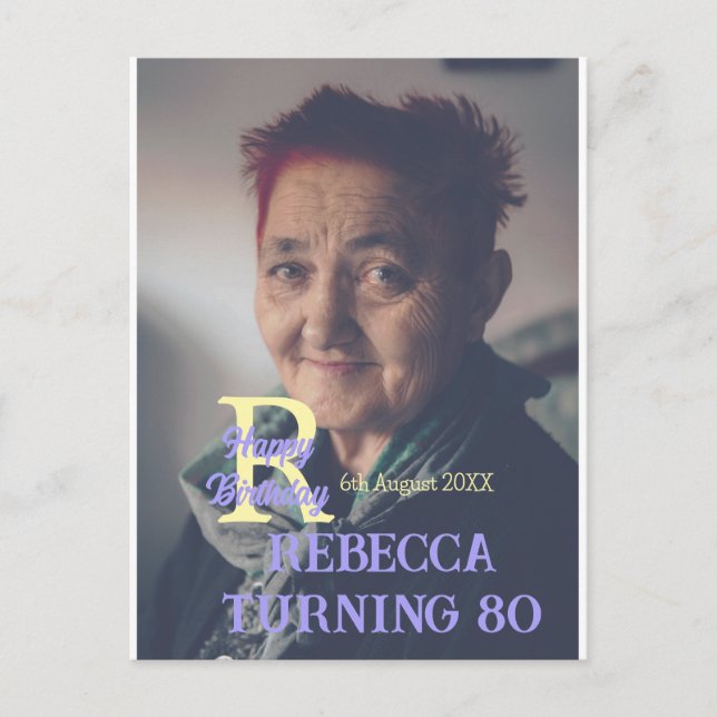 Foto 80-årsdag lägg till namn datum modern lila ja vykort (Framsida)