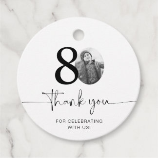 Foto 80:e födelsedag Tack Gåvor Etiketter