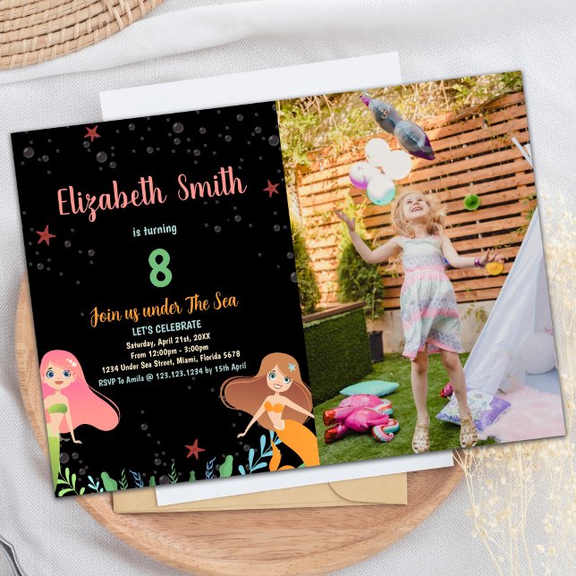 Foto 8:e Svart Sjöjungfru, födelsedagsinbjudan Inbjudningar (Photo 8th Black Mermaid Birthday Invitations)