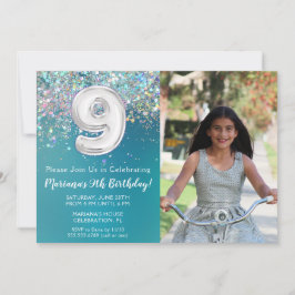 Foto 9:e födelsedag i Teal Silver Glitter Inbjudningar