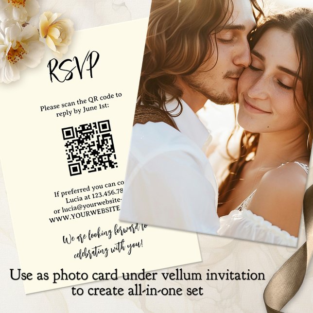 Foto allt i en hörnbgrund Bröllop Inbjudningar (Photo wedding invitation background with RSVP and QR code - all-in-one with vellum invite)