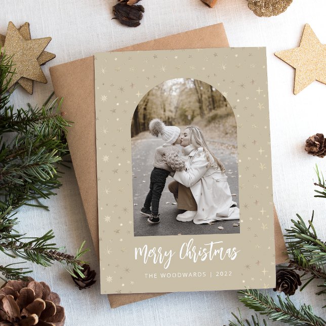 Foto Ark Stjärnor God Jul Beige Guld Julkort (Skapare uppladdad)