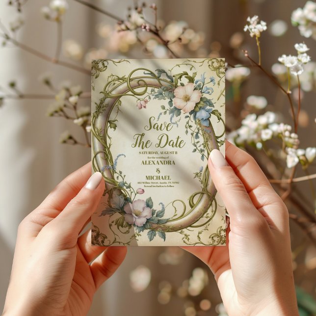 Foto Art Nouveau Vildblomma Bröllop Spara Datumet (Skapare uppladdad)