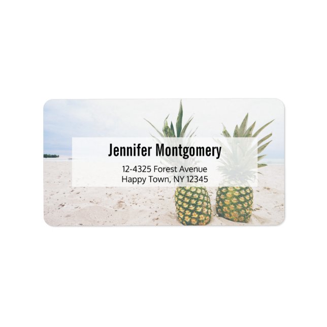 Foto av 2 ananas på en strandadress adressetikett (Framsidan)