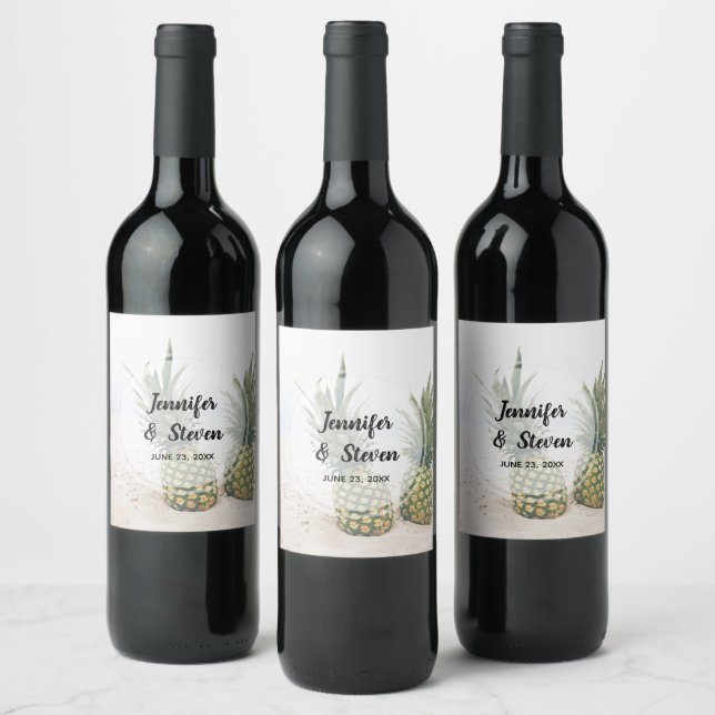 Foto av 2 ananas på ett Beach Wedding Vinflaska Etikett (Flaskor)