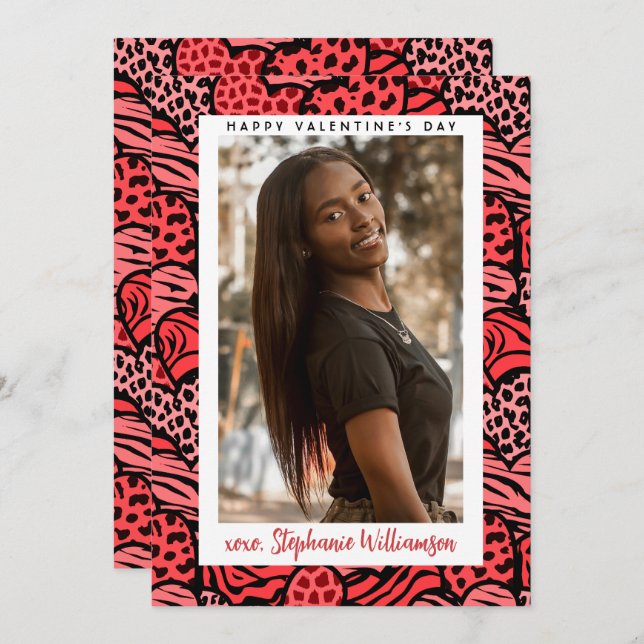 Foto av alla hjärtans dag Cute Red Jungle Hearts Julkort (Fram/baksida)