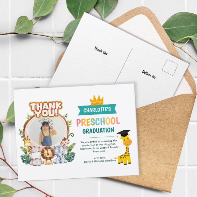 Foto av animaliskt Preschool Studenten Tack Vykort (Animal Preschool Photo Graduation Thank You Postcard)
